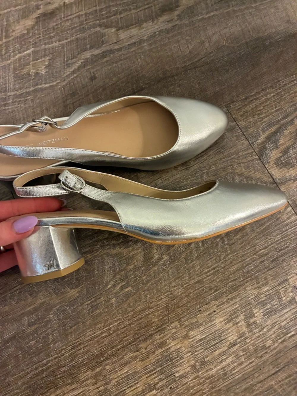Stuart Weitzman Silver Metallic Slingback Block Heel Pumps Size 8 Never Worn - Picture 3 of 7